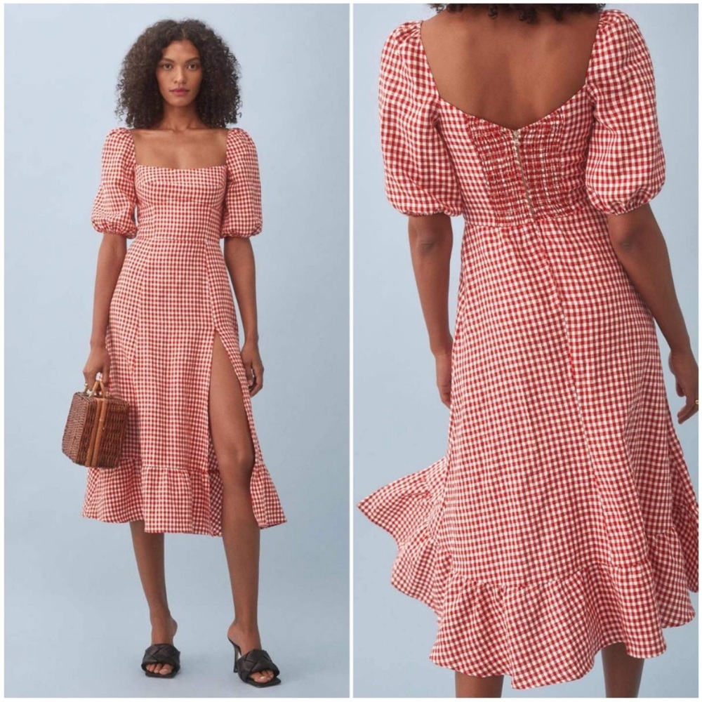 REFORMATION Red Gingham Check Puff Sleeve Cottagecore Linen Belgium Midi Dress - Picture 9 of 16